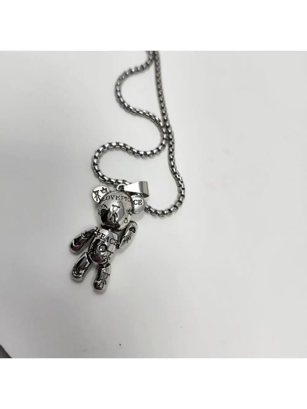 Silver Tone Bear Pendant Necklace 1.77 Inch Charm Ball Chain Graffiti